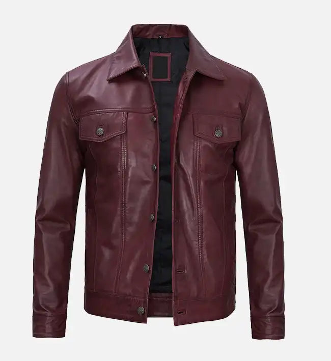 Alternative view of Men's Leather Maroon Trucker Jacket