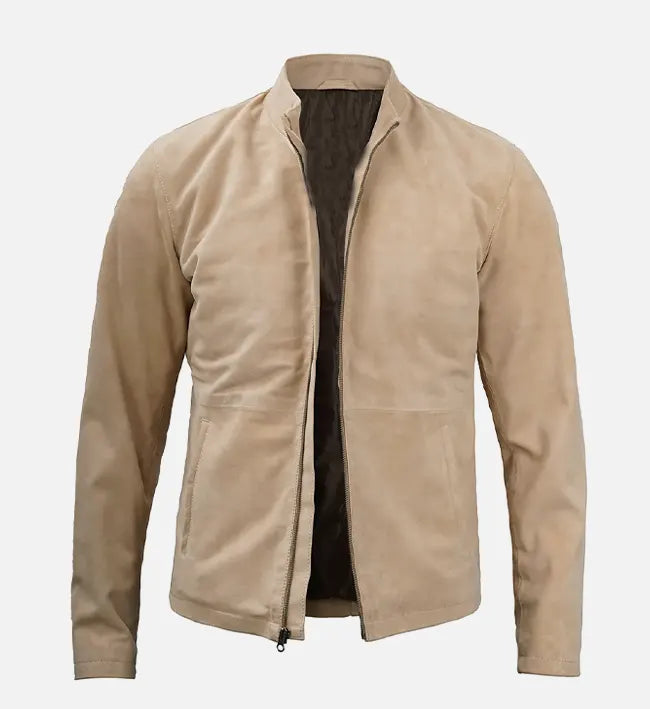 Alternative view of Men's Beige Cafe Racer Suede Leather Jacket