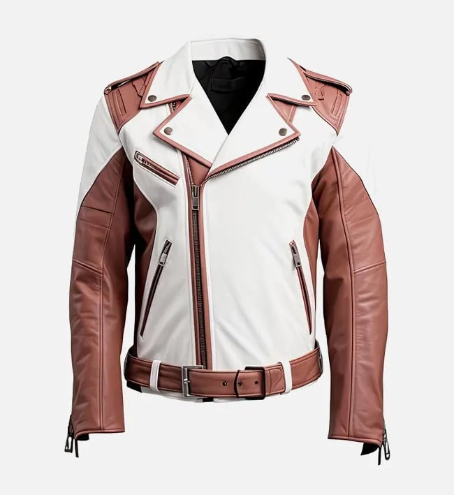 Women's Rosy Brown and White Biker Leather Jacket