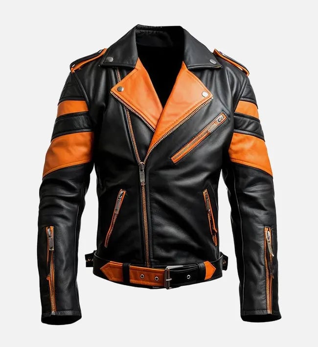Women’s Stylish Orange Black Biker Leather Jacket