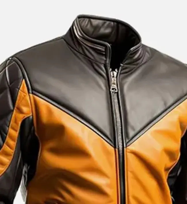 Alternative view of Men's Mustard Black Biker Leather Jacket