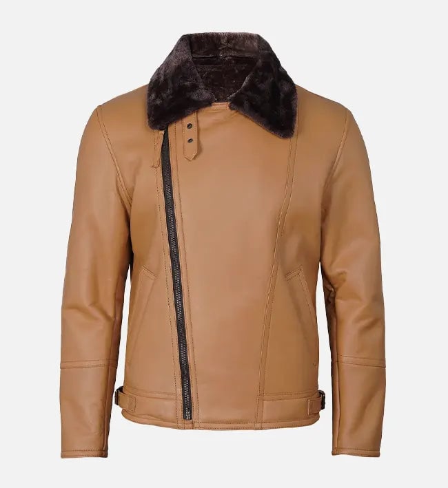 Alternative view of Men's Camel Brown Shearling Leather Moto Jacket