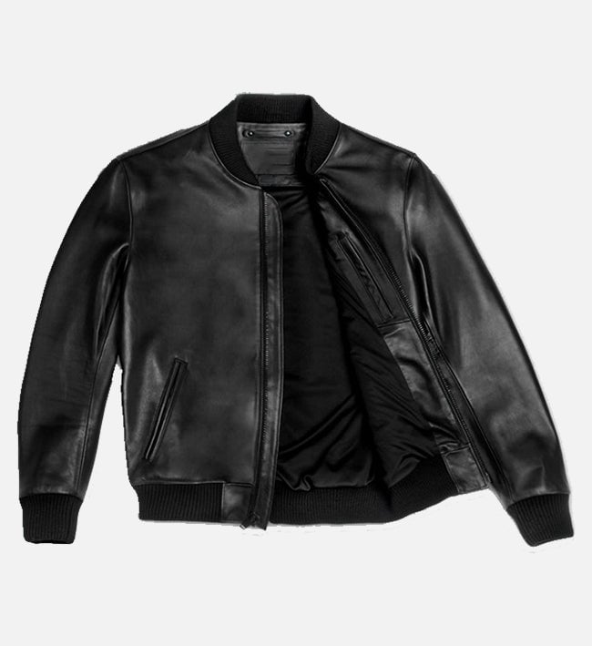 Men's black real leather bomber jacket