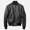 Men's black real leather bomber jacket, front view