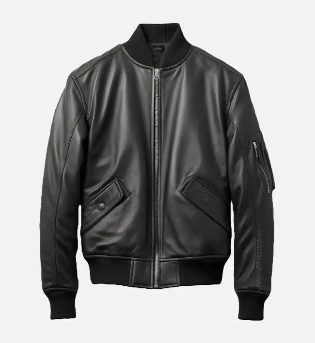 Men's black real leather bomber jacket, front view
