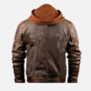Back view of men's brown leather jacket with detachable hood, stitched shoulders and central seam