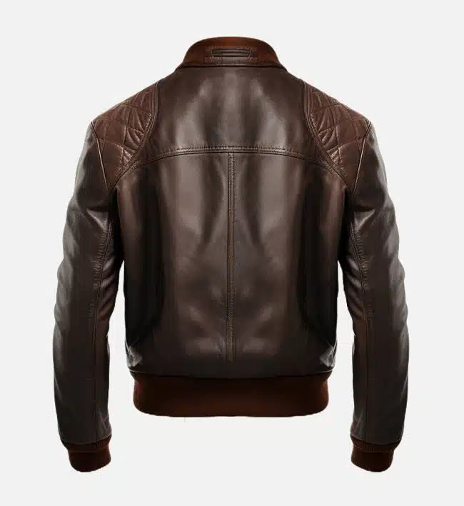 Men's coffee brown real leather bomber jacket, back view