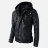 Men's Black Leather Biker Jacket with Detachable Hood