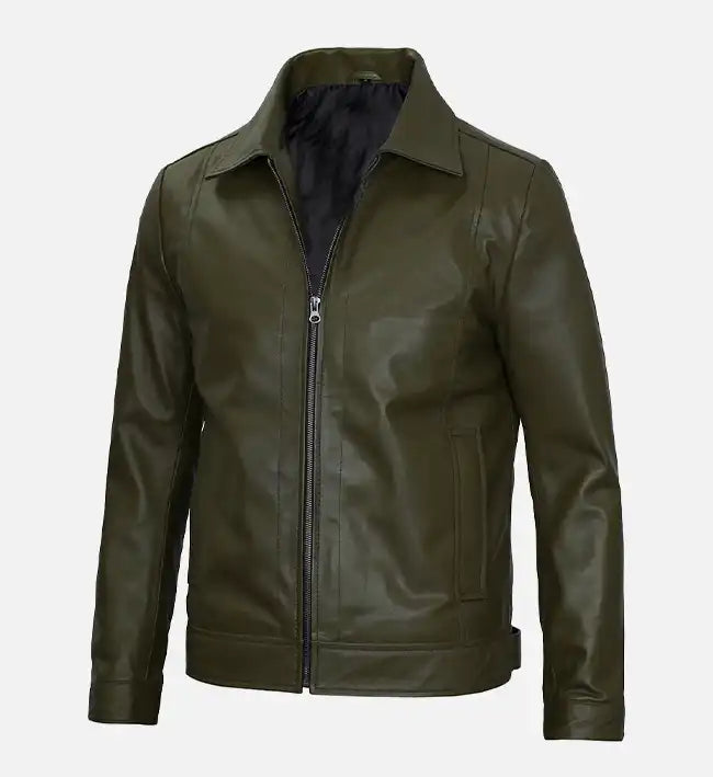 Men's olive green real leather harrington jacket