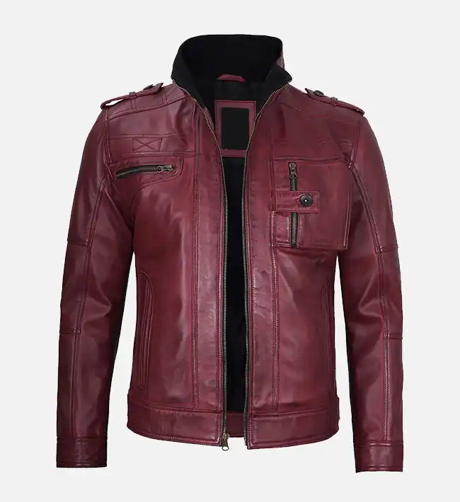 Alternative view of Men's Maroon Waxed Biker Leather Jacket