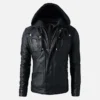 Men's Black Leather Biker Jacket with Detachable Hood