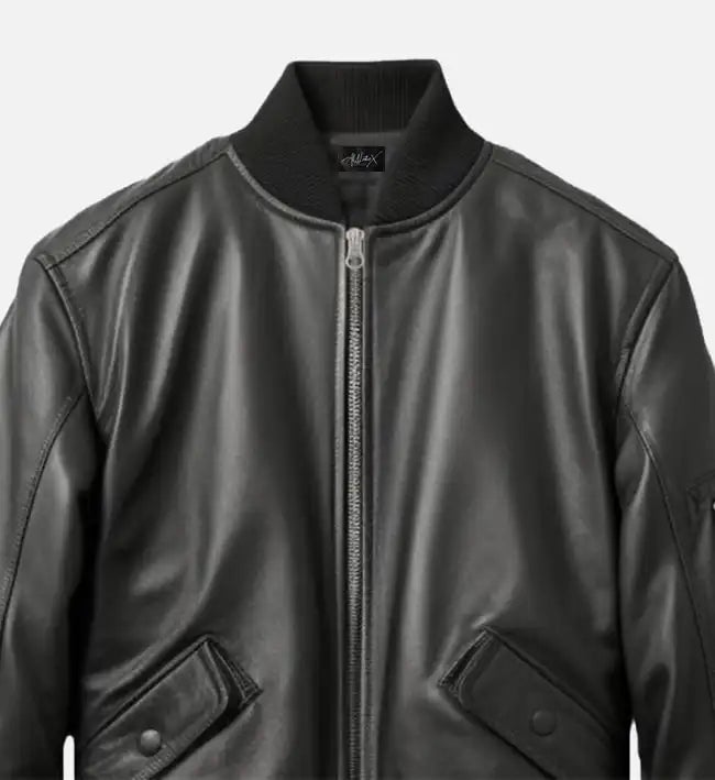 Men's black real leather bomber jacket