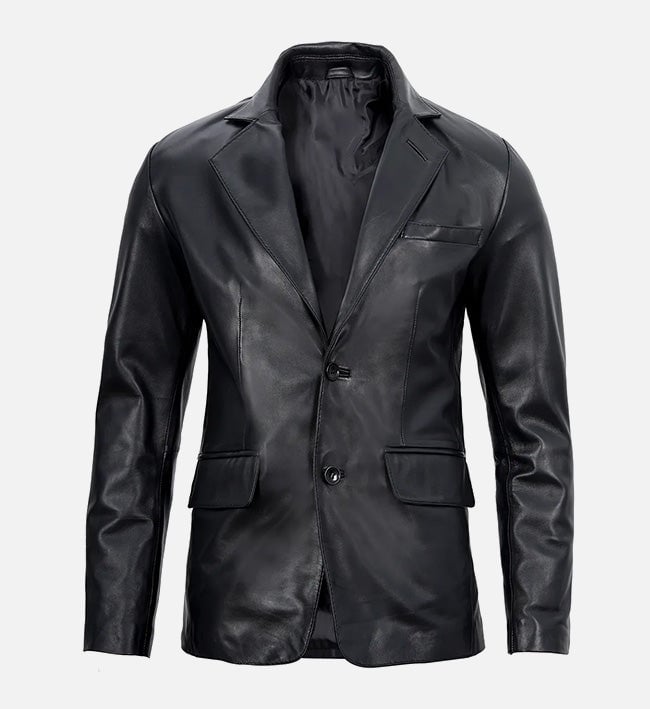 Men's black real leather blazer jacket, front view