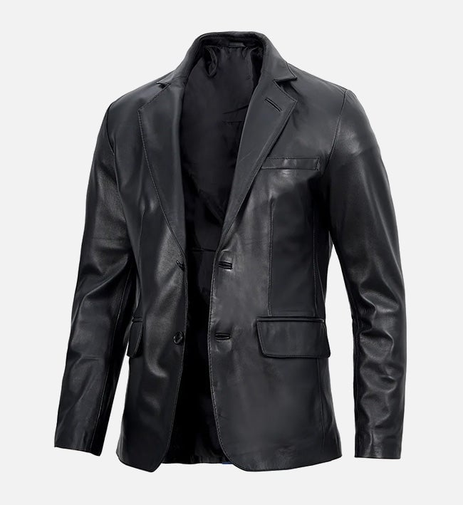 Men's black real leather blazer jacket, left-side view