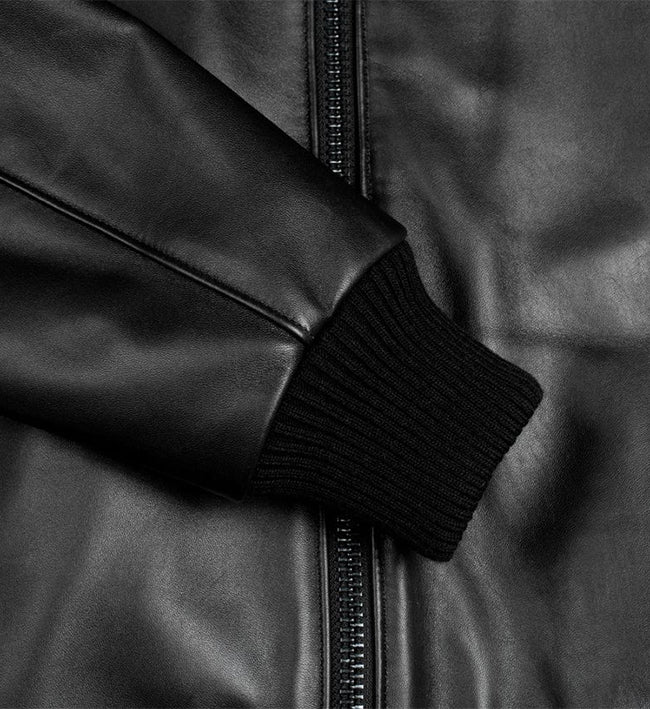 Men's black real leather bomber jacket, sleeve detail