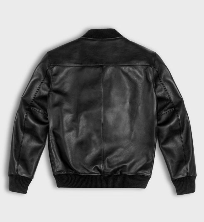 Men's black real leather bomber jacket, back view