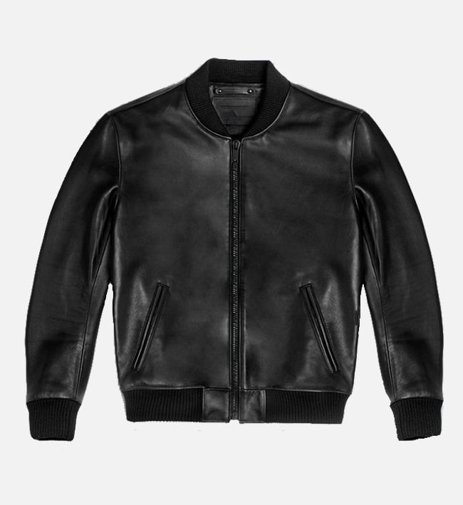 Men's black real leather bomber jacket, front view