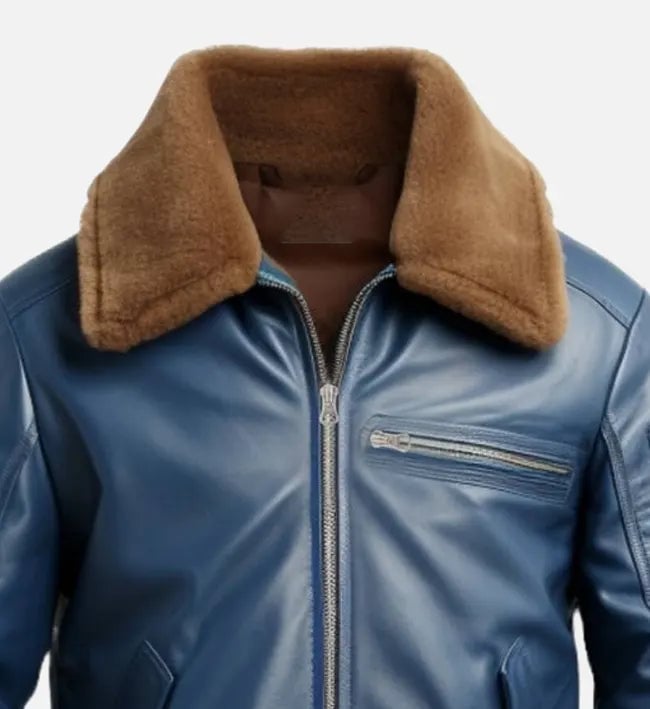 Men's blue real leather flight bomber jacket