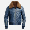 Men's blue real leather flight bomber jacket, front view