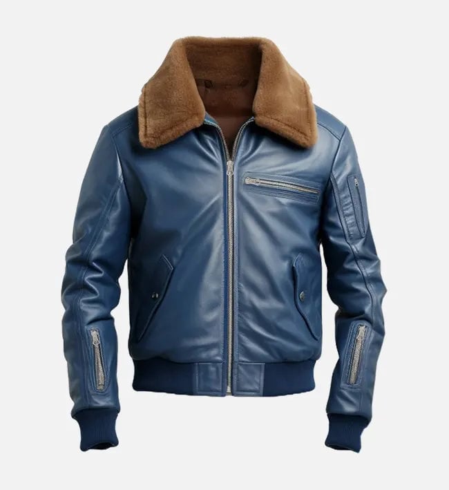 Men's blue real leather flight bomber jacket, front view