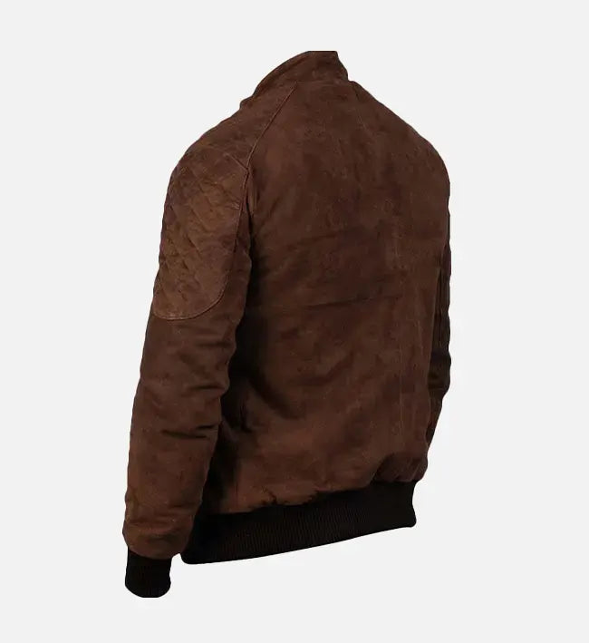Men's brown suede leather bomber jacket, back view