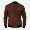 Men's brown suede leather bomber jacket, front view