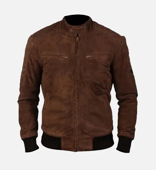 Men's brown suede leather bomber jacket, front view