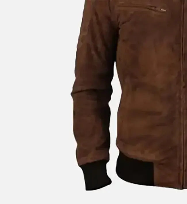 Men's brown suede leather bomber jacket, right-side view