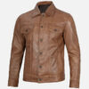 Men's camel brown real leather trucker jacket