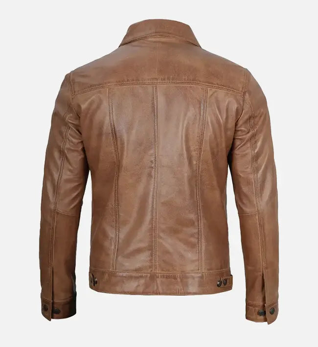Men's camel brown real leather trucker jacket, back view