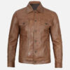 Men's camel brown real leather trucker jacket, front view