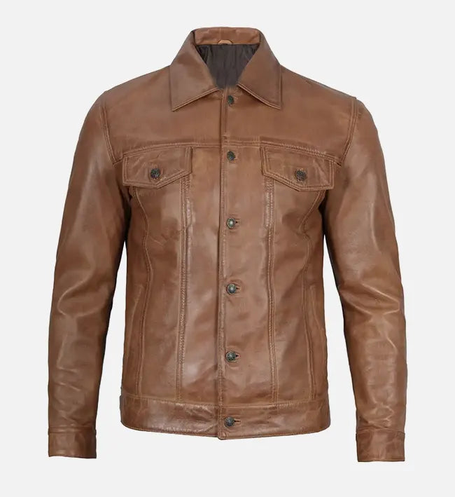 Men's camel brown real leather trucker jacket, front view