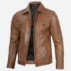 Men's camel brown real leather trucker jacket, left-side view