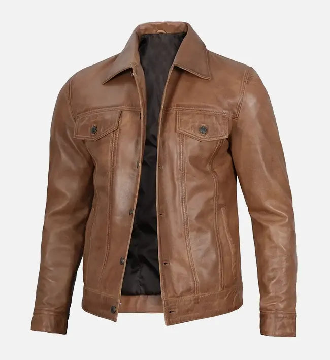 Men's camel brown real leather trucker jacket, left-side view