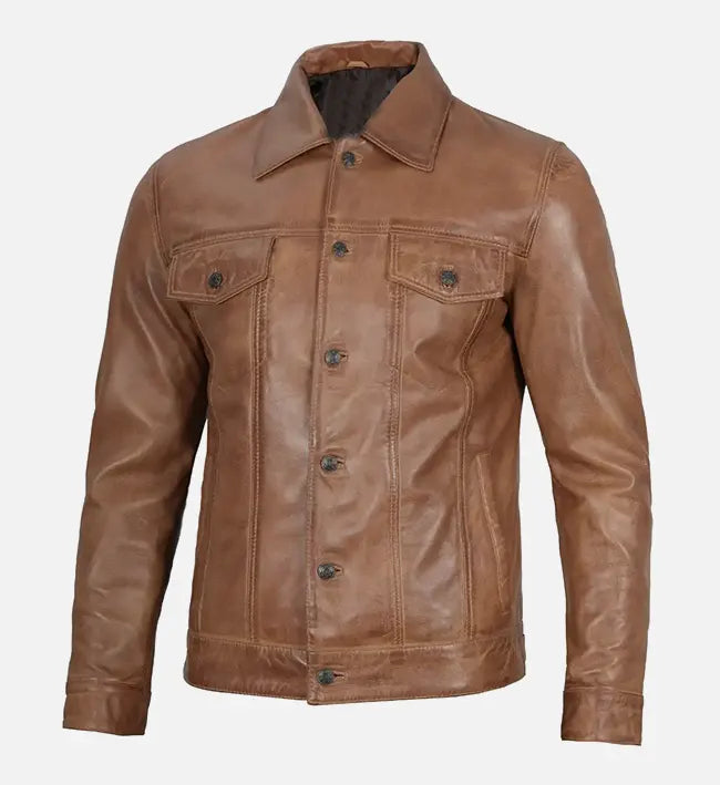 Men's camel brown real leather trucker jacket