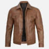 Men's camel brown real leather trucker jacket