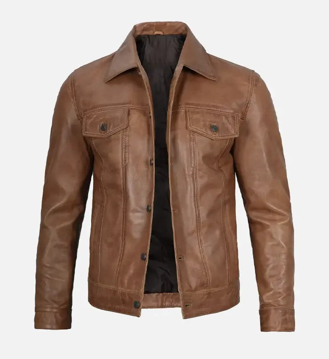 Men's camel brown real leather trucker jacket