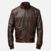 Men's coffee brown real leather bomber jacket, front view