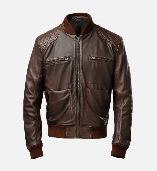 Men's coffee brown real leather bomber jacket, front view