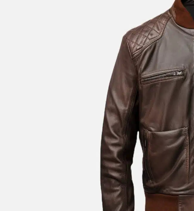Men's coffee brown real leather bomber jacket, right-side view