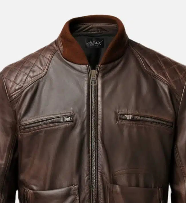 Men's coffee brown real leather bomber jacket