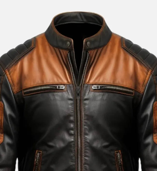 Alternative view of Men's Black & Tan Brown Biker Leather Jacket