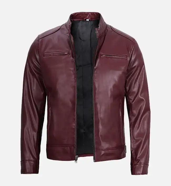 Men's maroon real leather cafe racer jacket