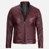 Men's maroon real leather cafe racer jacket, front view