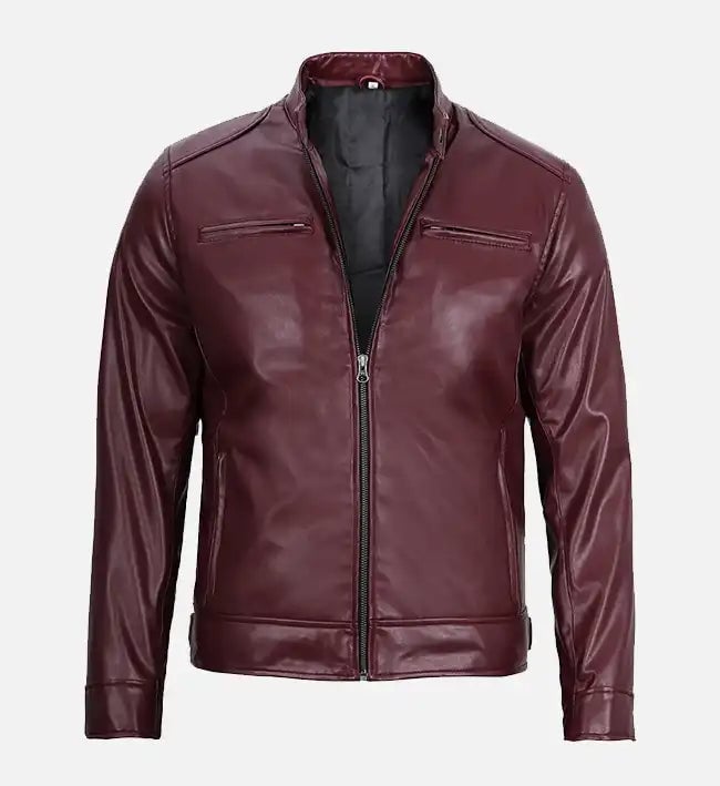 Men's maroon real leather cafe racer jacket, front view