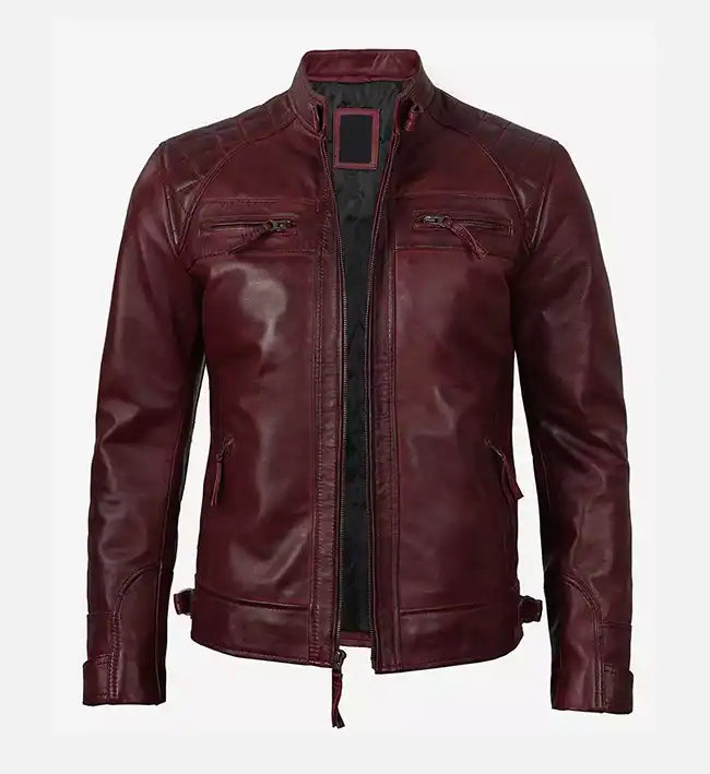 Alternative view of Men's Real Leather Maroon Biker Jacket