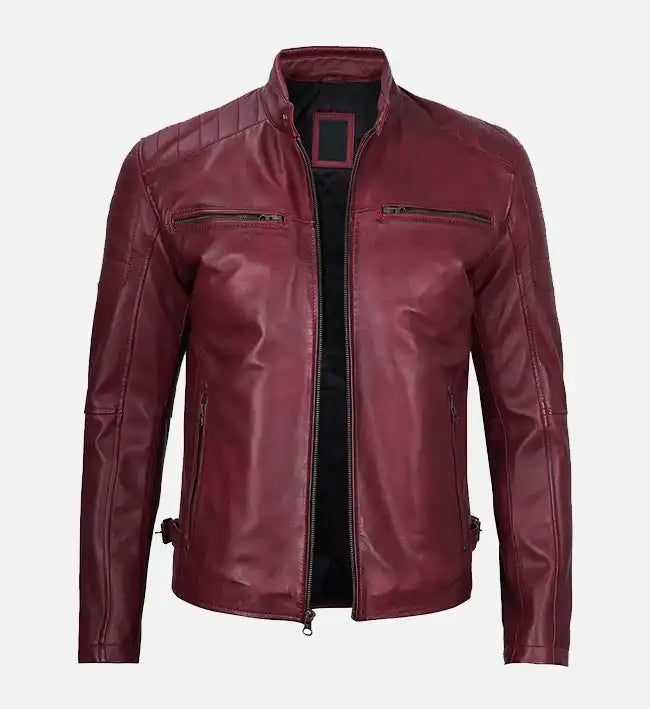 Alternative view of Men's Maroon Waxed Cafe Racer Leather Jacket