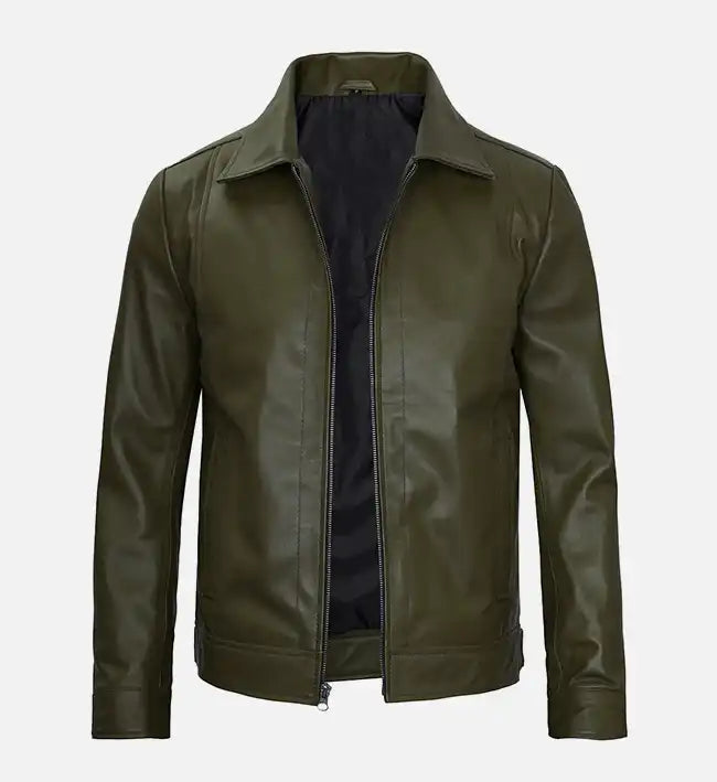 Men's olive green real leather harrington jacket