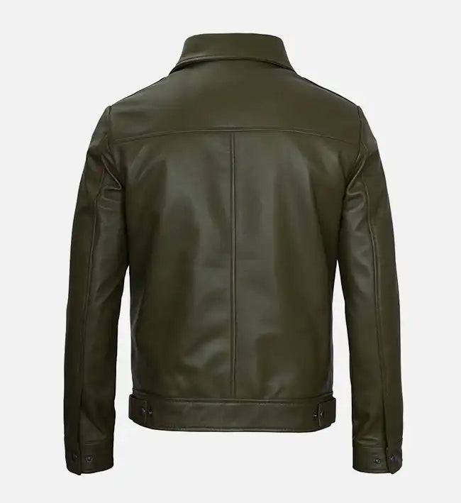 Men's olive green real leather harrington jacket, back view
