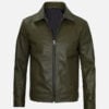 Men's olive green real leather harrington jacket, front view